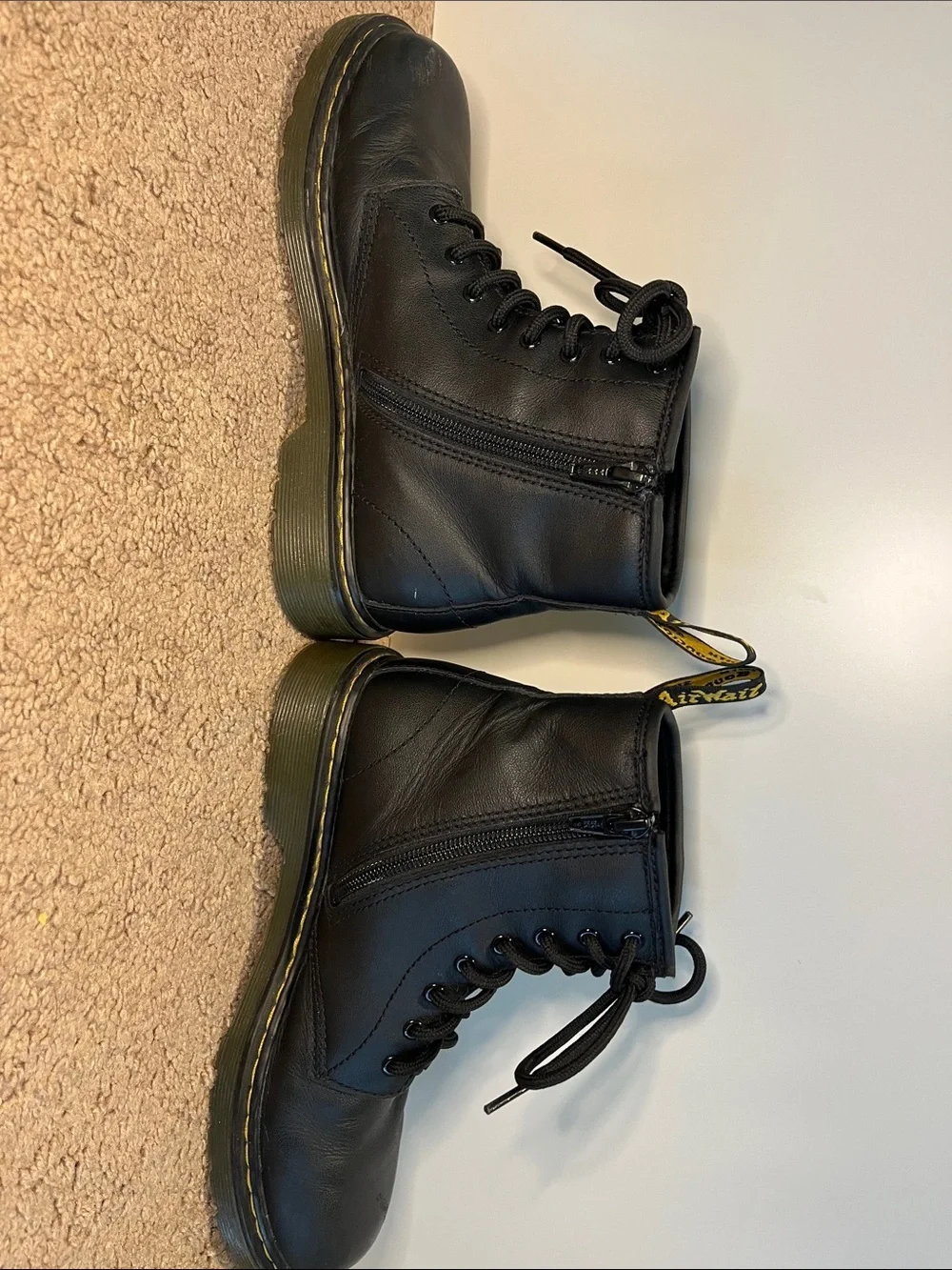Dr. Martens Black Leather Lace-Up Combat Boots with Yellow Stitching